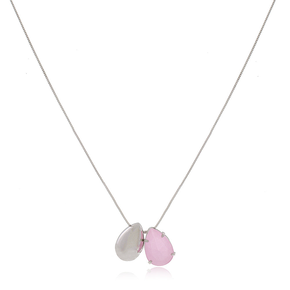 Conjunto Brinco e Colar Gotas Cristal Rosa Banho Rodio Branco LLucy 