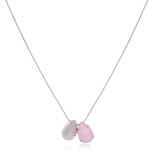 Conjunto Brinco e Colar Gotas Cristal Rosa Banho Rodio Branco LLucy 