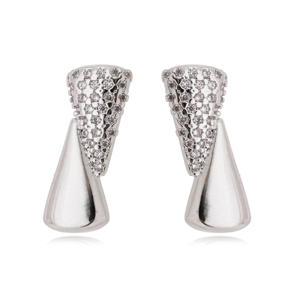 Brinco Triângulos Cravejados Microzirconias Banho Ródio Branco LLucy 