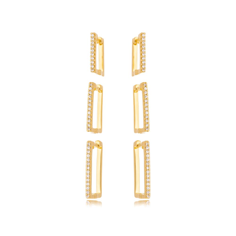 Brinco Trio Argola Quadrada Zircônia Banho Ouro 18k LLucy