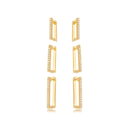 Brinco Trio Argola Quadrada Zircônia Banho Ouro 18k LLucy
